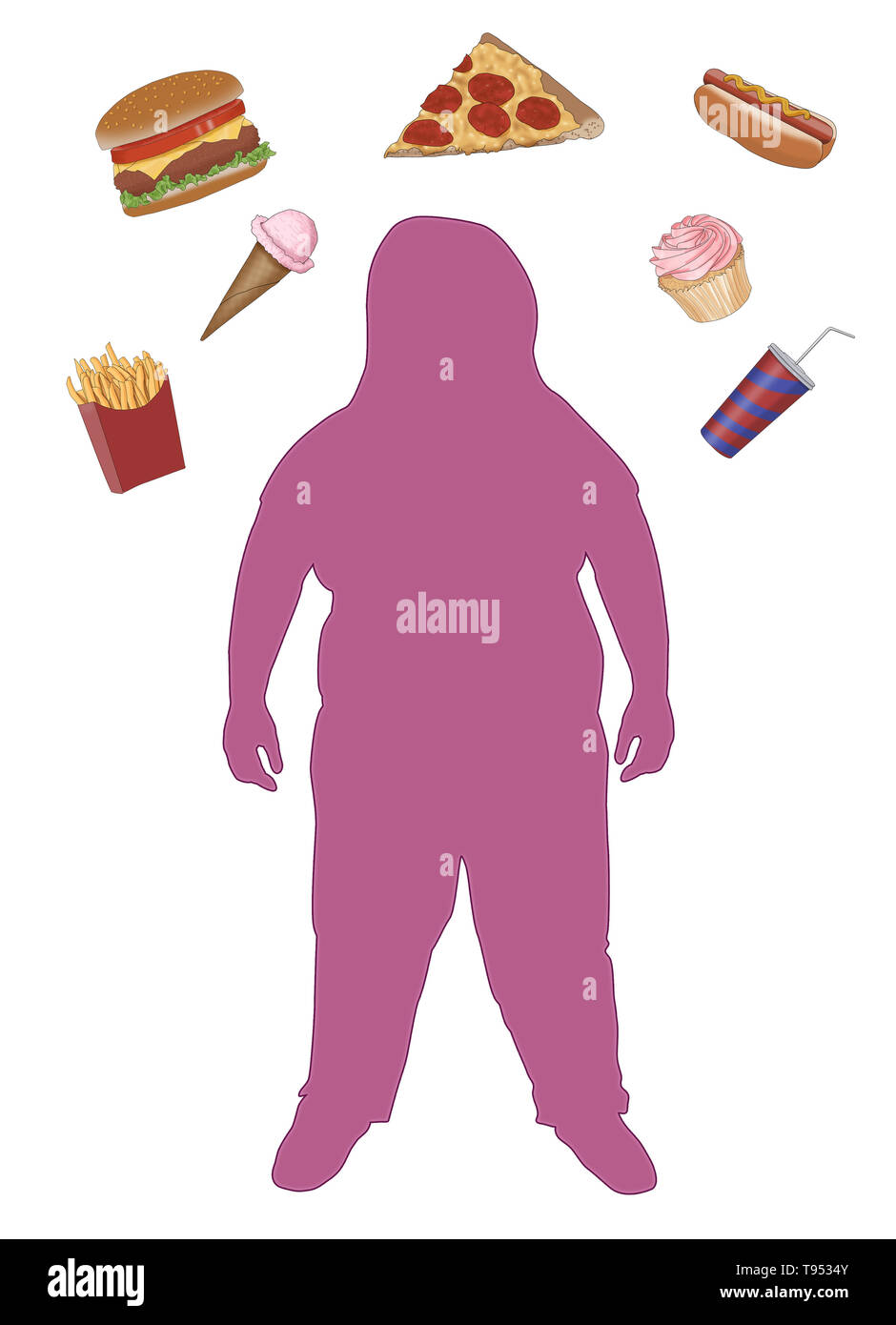 An illustration of an obese child surrounded by junk food. Stock Photo