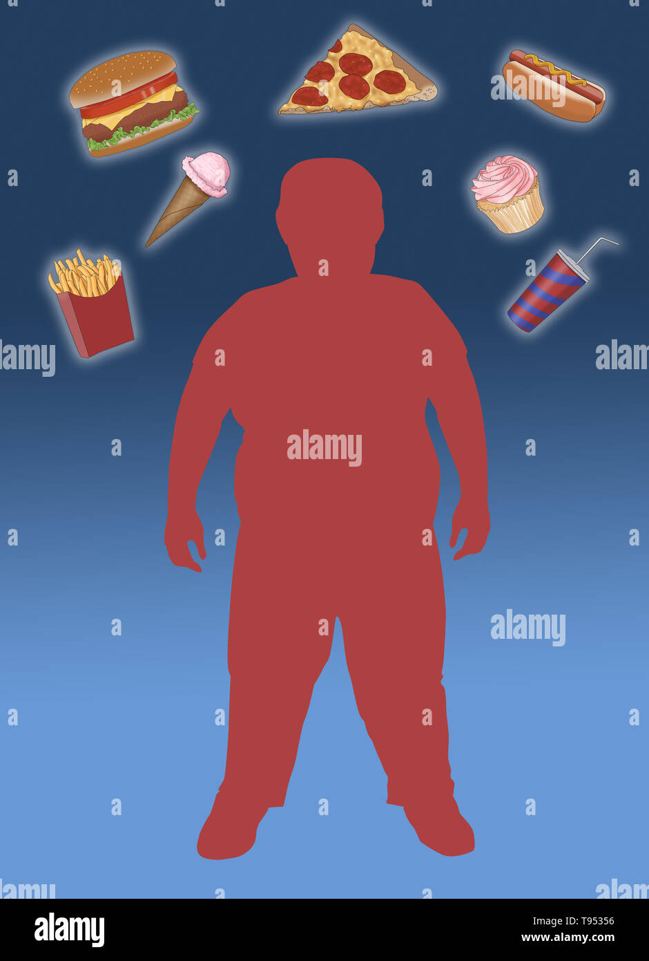 An illustration of an obese child surrounded by junk food. Stock Photo