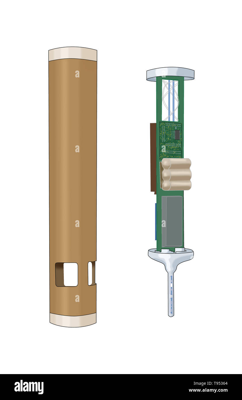 A dropsonde is an expendable weather reconnaissance device created by the National Center for Atmospheric Research (NCAR), designed to be dropped from an aircraft at altitude over water to measure (and therefore track) storm conditions as the device falls to the surface. Stock Photo