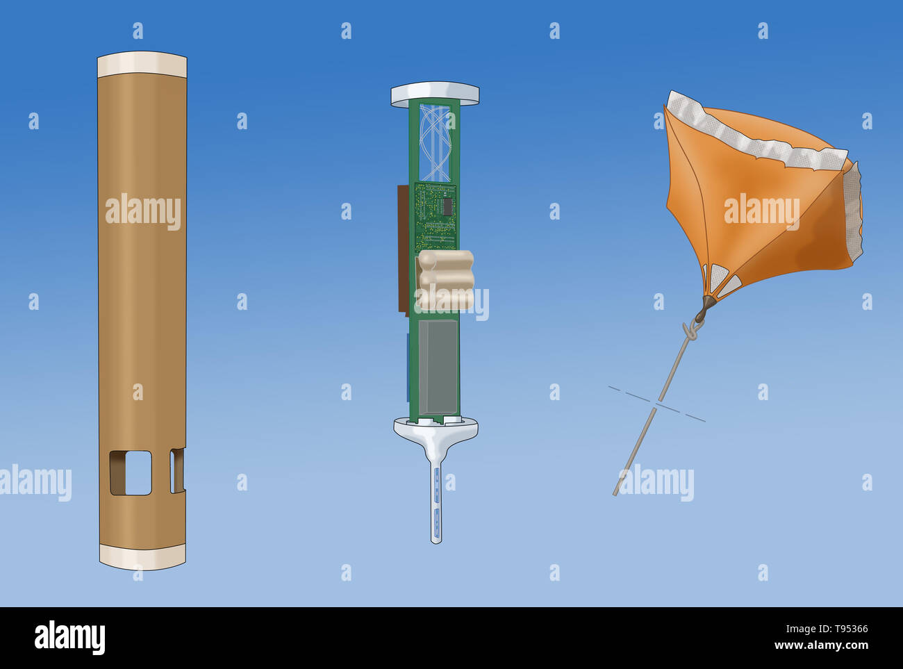 A dropsonde is an expendable weather reconnaissance device created by the National Center for Atmospheric Research (NCAR), designed to be dropped from an aircraft at altitude over water to measure (and therefore track) storm conditions as the device falls to the surface. Stock Photo