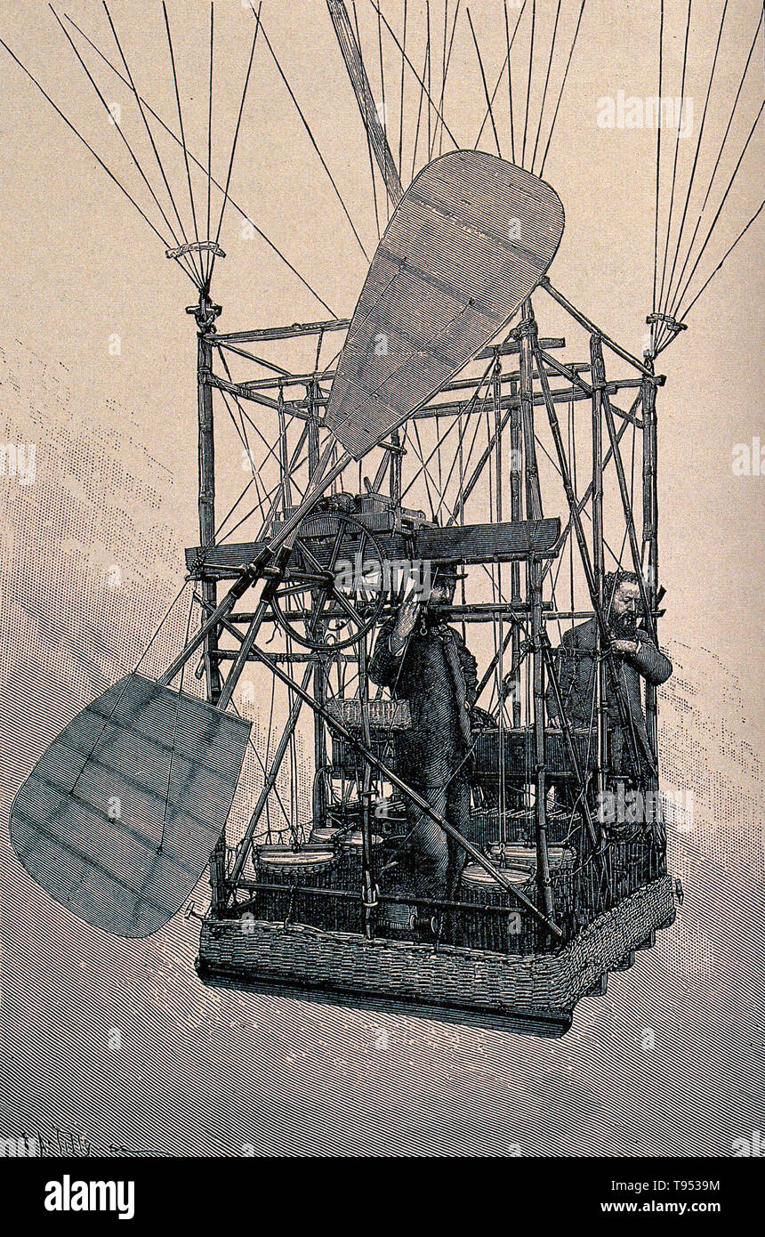 The basket of a hot-air balloon with two men inside and an engine with propellers. Process print after E.A Tillyson. Stock Photo