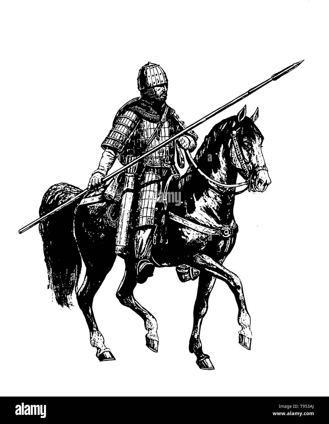 Mounted knight. Heavy armored magyar (hungarian) rider. Medieval cavalry illustration. Historical illustration. Stock Photo