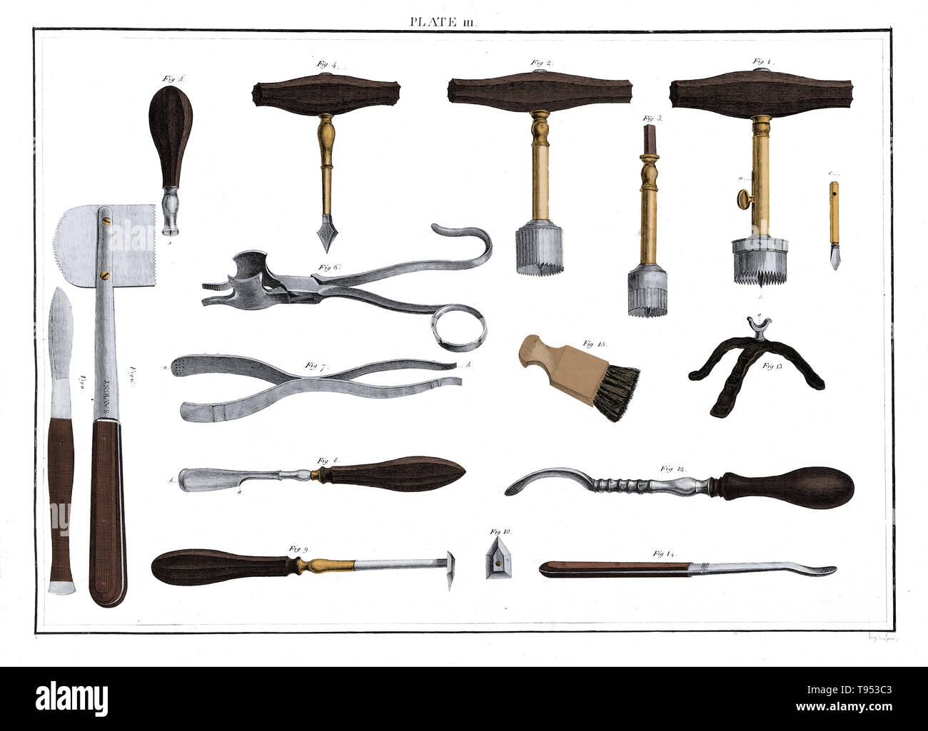 Various types of trephines, spring forceps, a lenticular, a raspatory, and a scalpel, used for trepanning. Trepanning is a surgical intervention in which a hole is drilled or scraped into the human skull, exposing the dura mater to treat health problems related to intracranial diseases. Cave paintings indicate that people believed the practice would cure epileptic seizures, migraines, mental disorders and the bone that was trepanned was kept as a charm to keep evil spirits away. Stock Photo