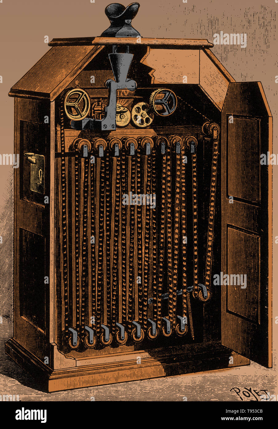 The Kinetoscope is an early motion picture exhibition device designed for films to be viewed by one individual at a time through a peephole viewer window at the top of the device. The Kinetoscope was not a movie projector but introduced the basic approach that would become the standard for all cinematic projection before the advent of video, by creating the illusion of movement by conveying a strip of perforated film bearing sequential images over a light source with a high-speed shutter. Stock Photo