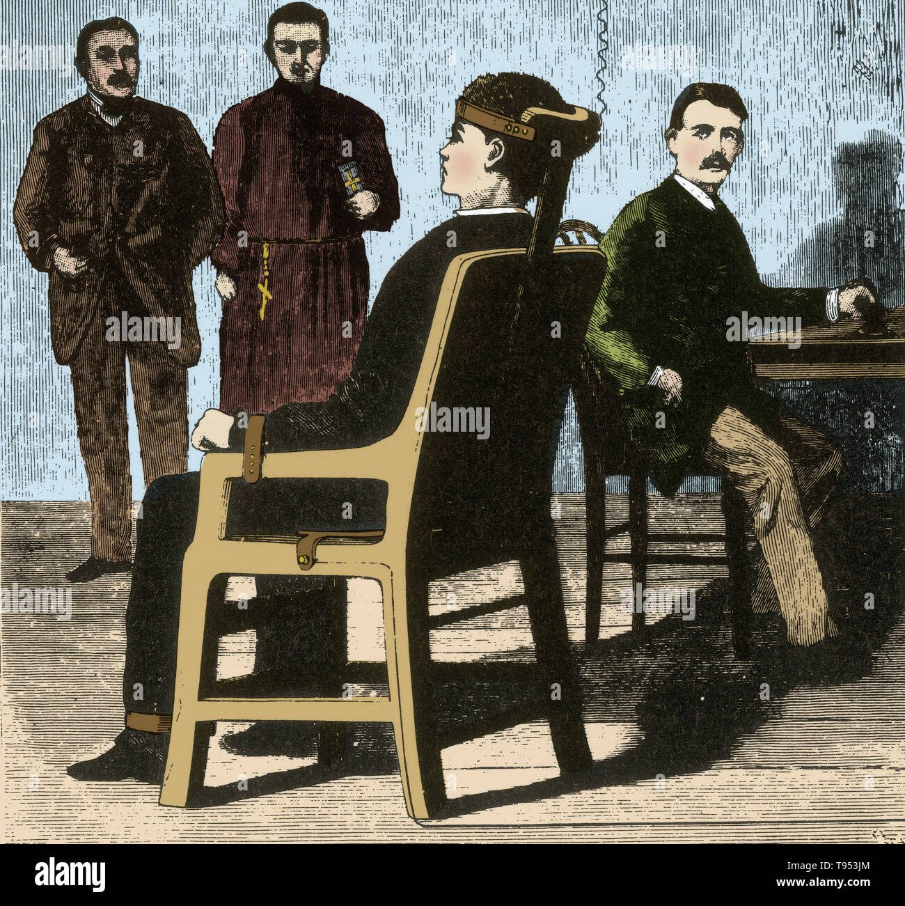 In 1881, the state of New York established a committee to determine a new, more humane method of execution to replace hanging. Alfred Southwick, a member of the committee, developed the idea of running electric current through a condemned man after hearing a case of how relatively painlessly and quickly a drunk man died due to touching exposed power lines. The first electric chair was produced by Harold P. Brown and Arthur Kennelly. Stock Photo