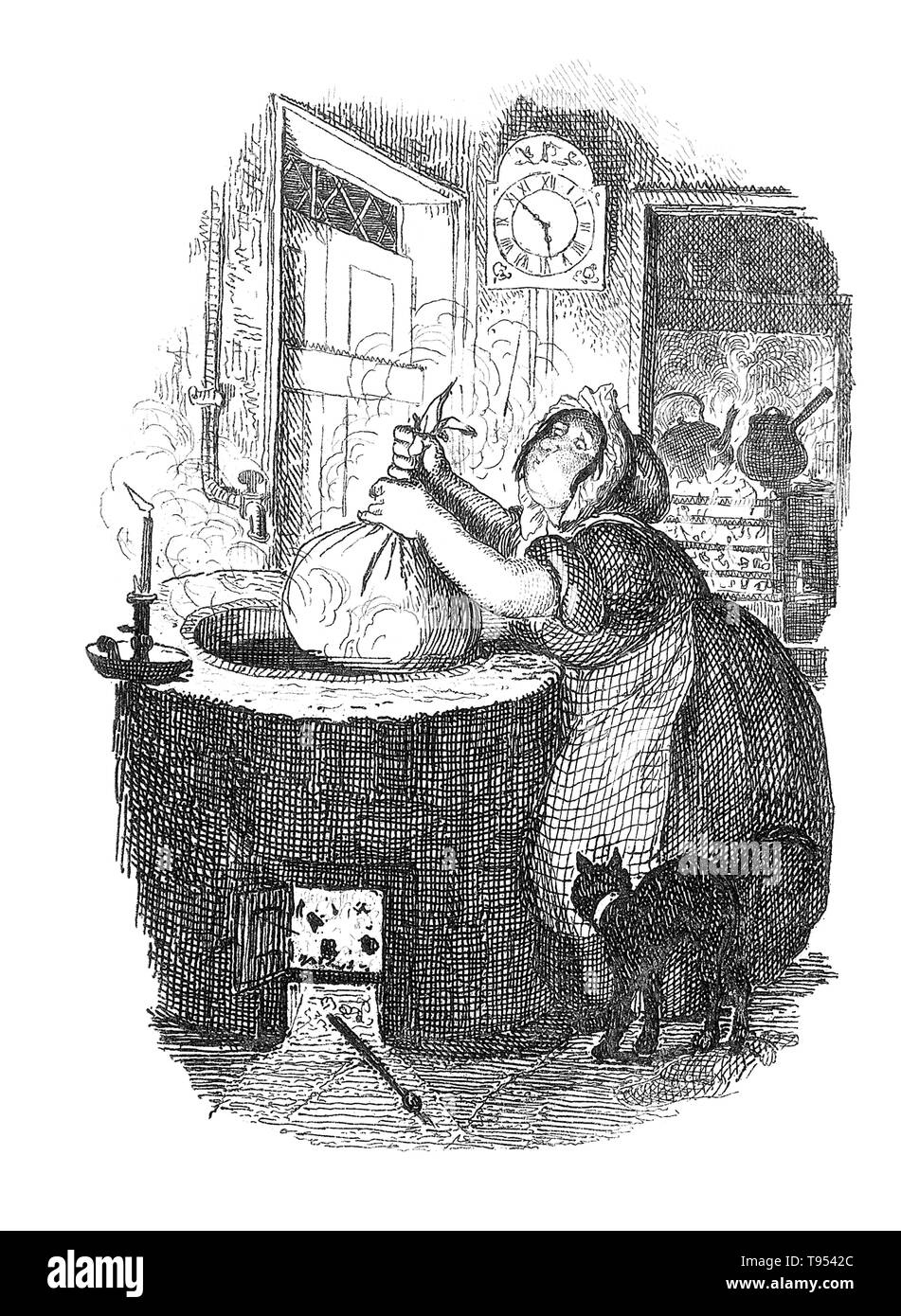 Entitled: 'The family plum pudding.' A woman hauls a large steaming bag out of a huge vat in a kitchen. Christmas is an annual commemoration of the birth of Jesus Christ and a widely observed cultural holiday, celebrated on December 25 by billions of people around the world. A feast central to the Christian liturgical year, it closes the Advent season and initiates the twelve days of Christmastide, which ends after the twelfth night. Stock Photo