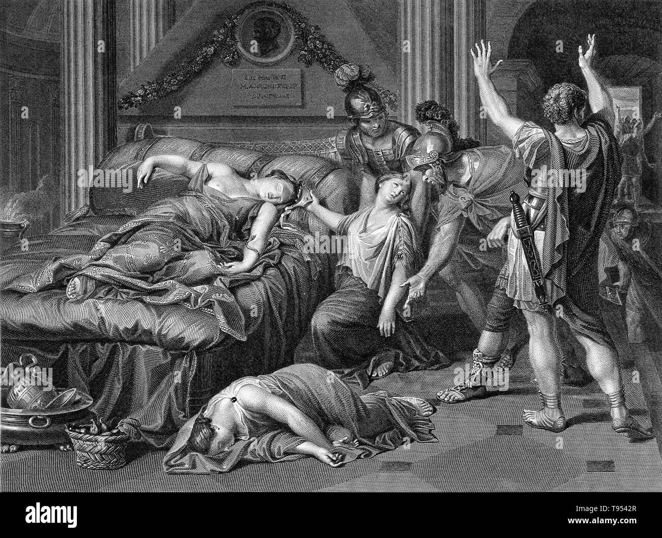 Roman soldiers discover Cleopatra lying dead on her bed with the asp wriggling on her left arm and her dead maid lying next to the bed. Cleopatra VII Philopator (69 - August 12, 30 BC) was the last active ruler of Ptolemaic Egypt, briefly survived as pharaoh by her son Caesarion. She was a member of the Ptolemaic dynasty, a Greek family of Macedonian origin. Stock Photo