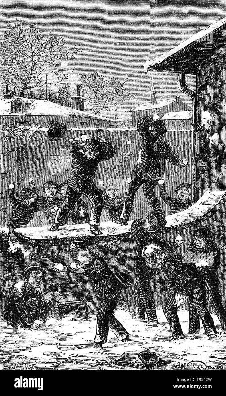 Entitled: ''A group of children play in the snow throwing snowballs.'' In the United States, ''Season's Greetings'' and ''Happy Holidays'' have become a common holiday greeting in the public sphere of department stores, public schools and greeting cards. Its use is generally confined to the period between Thanksgiving and New Year's Day. Stock Photo