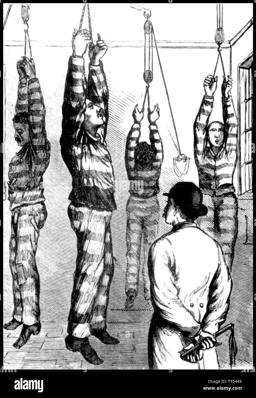 Hanging by thumbs, 'the trapeze', means, quite simply, being suspended from just your thumbs. It was used to deal with difficult prisoners, including those who tried to escape. After being suspended like that for a long time, thumbs became deformed and hands disabled. They would then be unable to fulfill their labor duties, making them subject to more punishment. Unknown source, 1871. Stock Photo