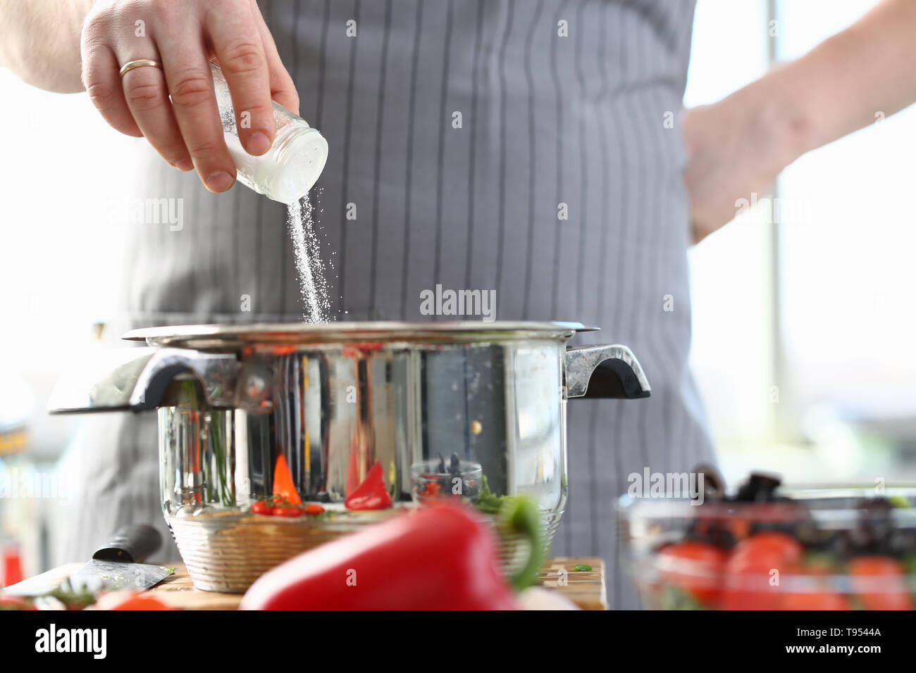 Culinary Chef Adding Saucepan White Sea Salt Stock Photo Alamy