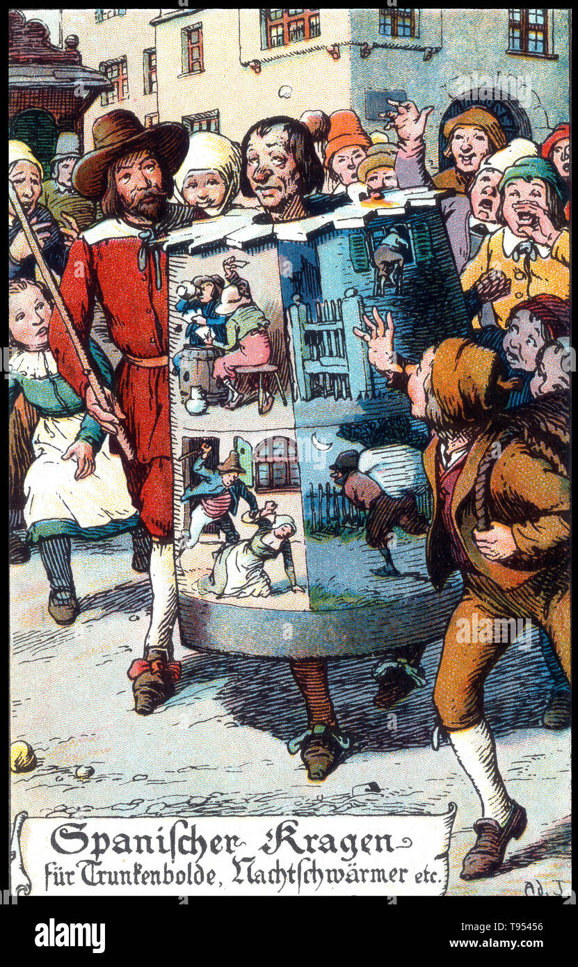 German postcard depicting medieval punishment for drunkeness or debauchery. A Drunkard's cloak was a type of pillory used in various jurisdictions to punish miscreants. The drunkard's cloak was actually a barrel, into the top of which a hole was made for the head to pass through. Two smaller holes in the sides were cut for the arms. Once suitably attired, the miscreant was paraded through the town, effectively pilloried. Stock Photo
