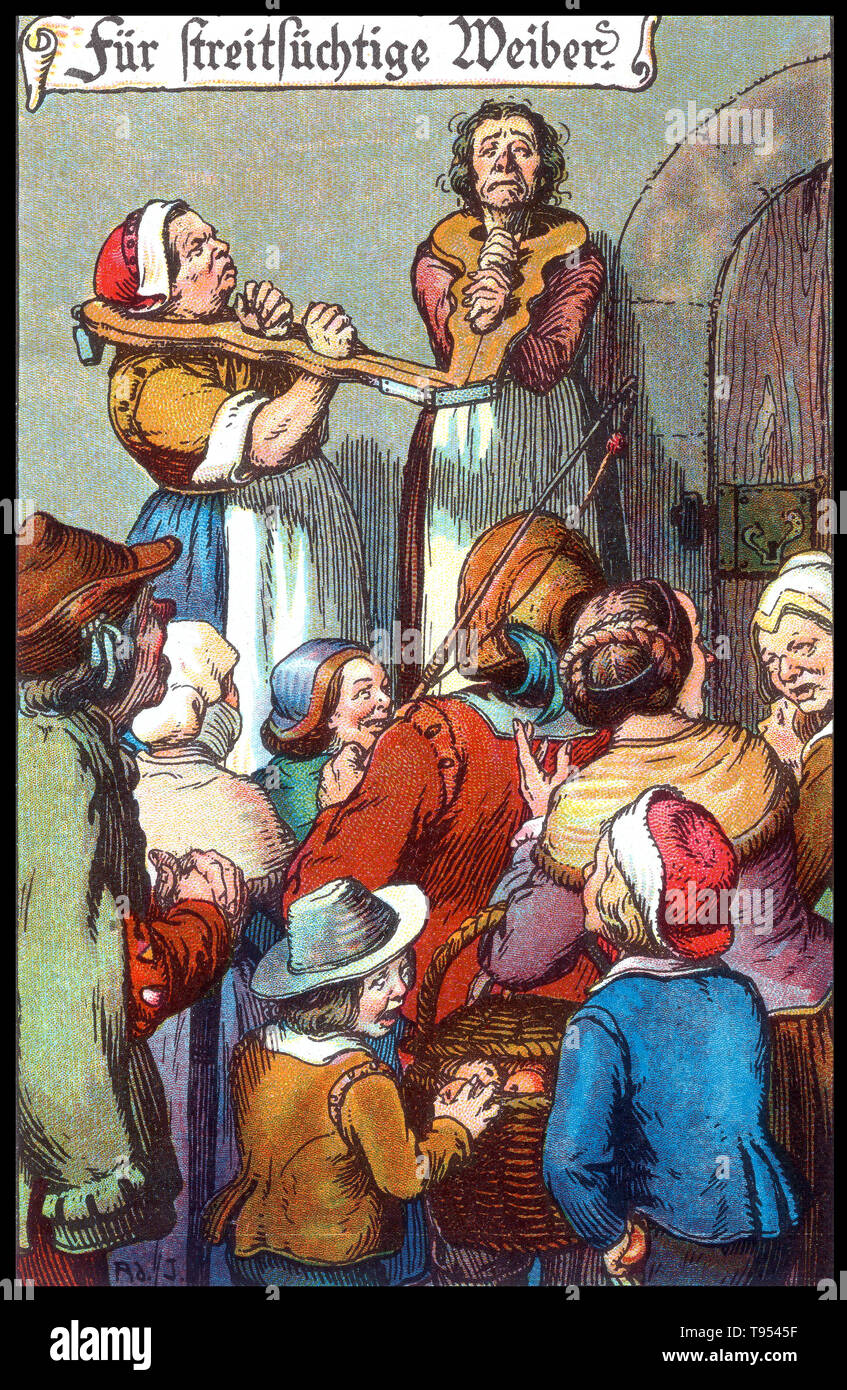 German postcard depicting medieval punishment quarrelsome women. The pillory was a device made of a wooden or metal framework erected on a post, with holes for securing the head and hands, formerly used for punishment by public humiliation and often further physical abuse. The pillory is related to the stocks. Ernest Nister (1841-1906) was a publisher and printer of movable books for children and paper ephemera such as greeting cards, post cards, and calendars. Stock Photo