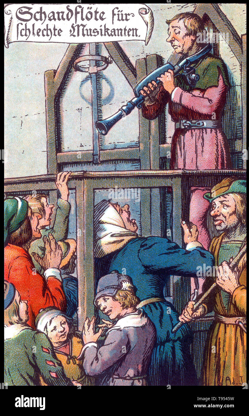 German postcard depicting medieval punishment for bad musicianship. A shame flute for a bad musician. Ernest Nister (1841-1906) was a publisher and printer of movable books for children and paper ephemera such as greeting cards, post cards, and calendars. He refined the techniques used in the design of magic windows, dissolving picture, and pop-up books, publishing them from his firm based in Nuremberg, a toy-making center of the 19th century. Reprinting, Nuremberg, 1910. Stock Photo