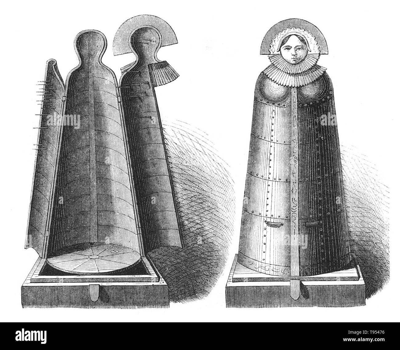 The iron maiden (AKA, jungfernkuss, eiserne jungfrau, the virgin, kiss of the virgin) is a fictional iron cabinet torture device with a hinged front and spike-covered interior to enclose a human being. Wolfgang Schild, a professor of criminal law and criminal law history at the University of Bielefeld, has argued that putative iron maidens were pieced together from artifacts found in museums to create spectacular objects intended for exhibition. Stock Photo