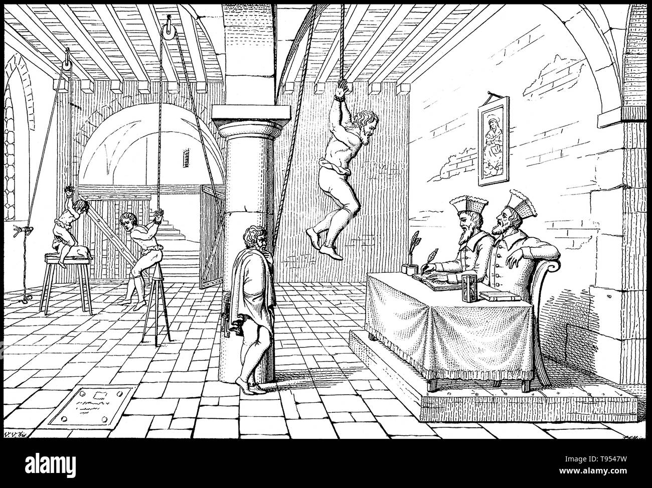 An Inquisition torture chamber where one victim is tied up and suspended from a pulley while being interrogated by two scribes, while another victim is suspended from the ceiling and lowered onto a spike with his rectum. The Inquisition was a group of institutions within the government system of the Catholic Church whose aim was to combat heresy. It started in 12th century France to combat religious sectarianism, in particular the Cathars and the Waldensians. Stock Photo