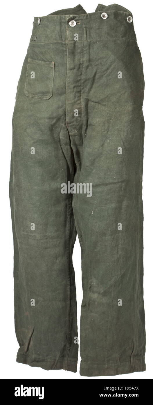 Drill cloth trousers M 38 for army personnel depot piece Field-grey drill cloth with sheet metal buttons and linen pocket sacks. Raised waist with V-shaped notch to wear with suspenders, covered fly, two integrated pockets at the seam, superimposed fob pocket, straight leg closure, maker- and size stamps at the waist. historic, historical, 20th century, Editorial-Use-Only Stock Photo