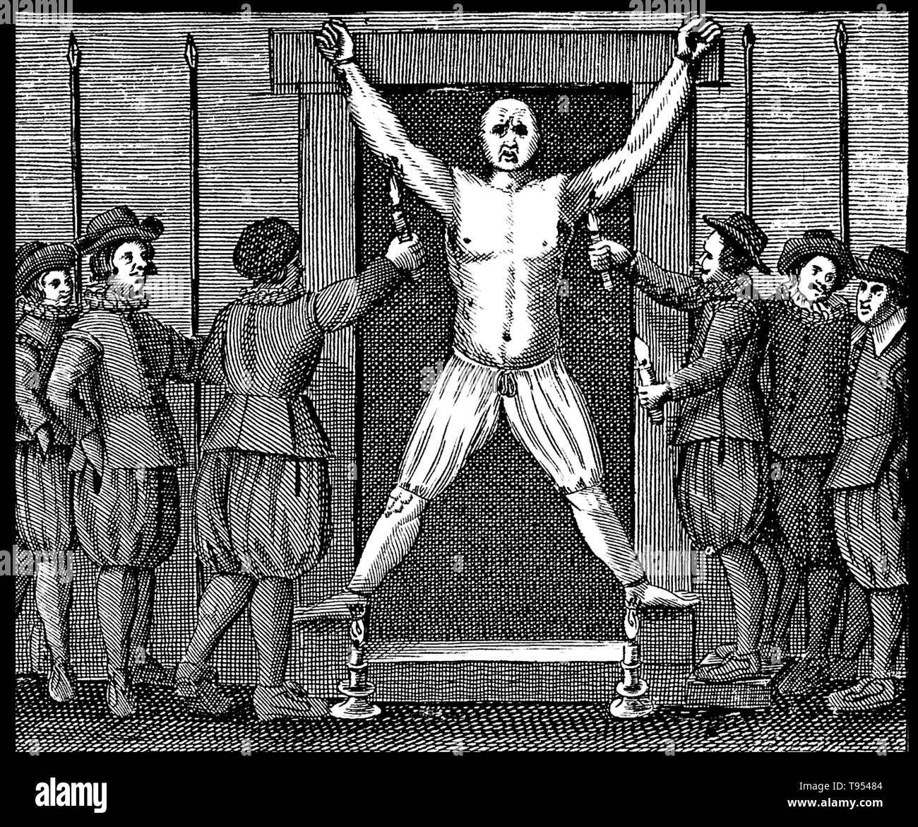 A man tied to a rack has his armpits and the soles of his feet scorched by candles. Medieval and early modern European courts used torture, depending on the crime of the accused and his or her social status. Torture was deemed a legitimate means to extract confessions or other information about a crime, although many confessions were greatly invalid due to the victim being forced to confess under great agony and pressure. Stock Photo