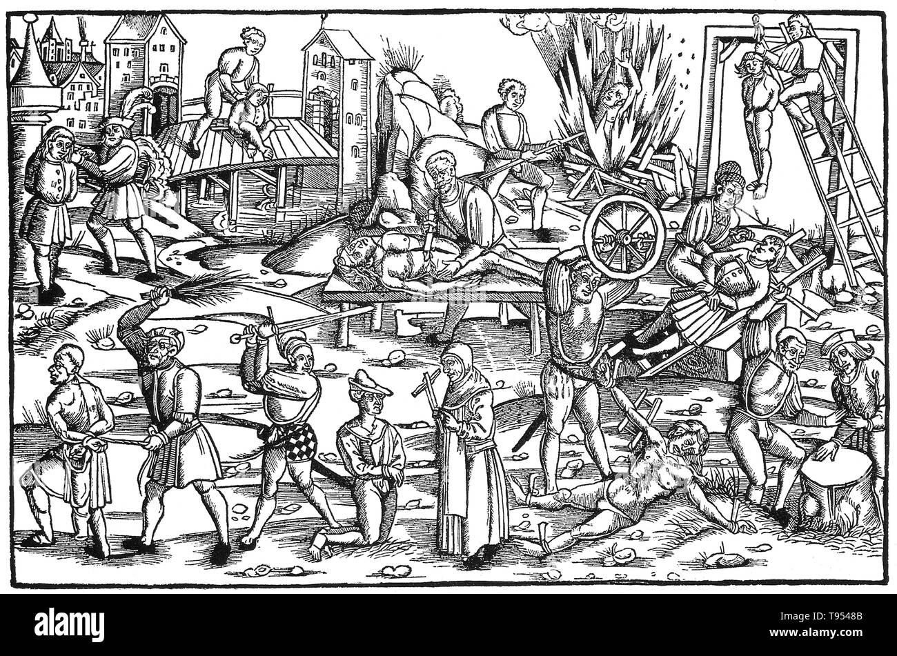 Various forms of mutilation and torture including scourging, beheading, burning, hanging, drowning, quartering, the cutting off of hands and ears, and the breaking on the rack. Medieval and early modern European courts used torture, depending on the crime of the accused and his or her social status. Stock Photo