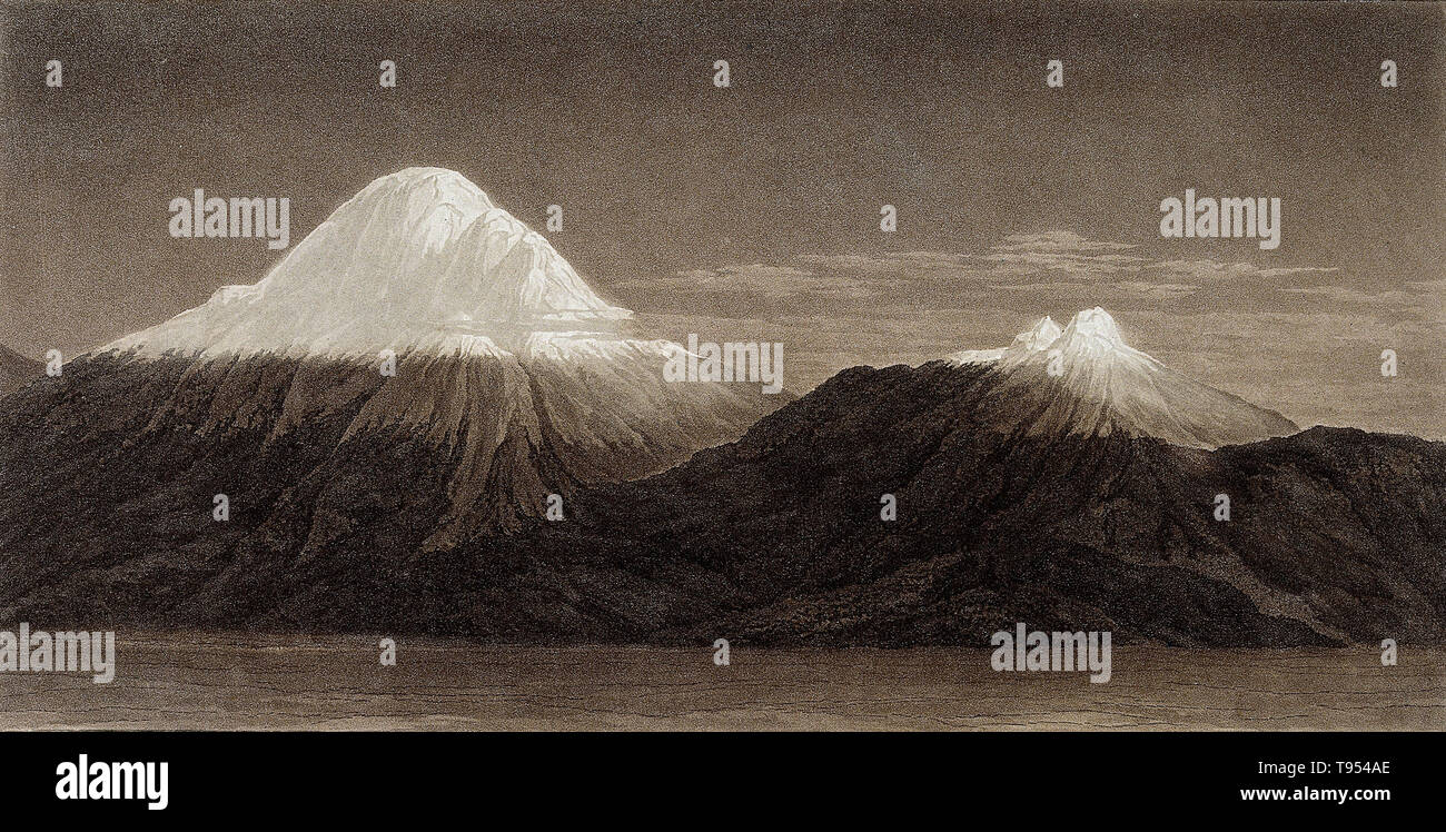 Mount Chimborazo and Mount Carguairazo, Equador, snowcapped, early 1800s. Colored aquatint by F. Arnold after Johann Georg Gmelin after Alexander von Humboldt. Humboldt (1769-1859) was a Prussian geographer, naturalist and explorer. Chimborazo, which Humboldt climbed, is the highest mountain in Ecuador. Between 1799 and 1804, Humboldt travelled extensively in Latin America, exploring and describing it for the first time in a manner generally considered to be a modern scientific point of view. Stock Photo