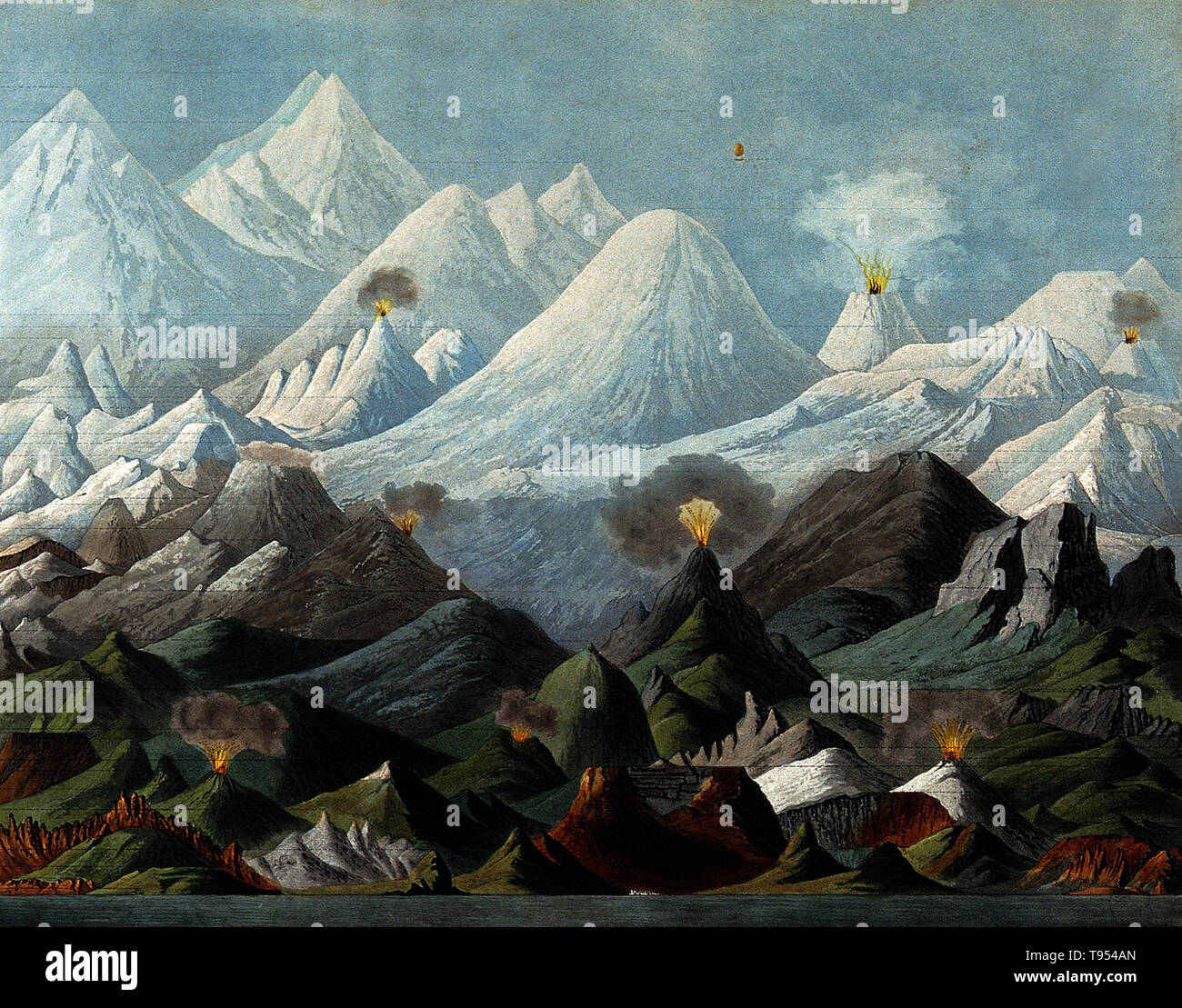 Geology: comparative shapes and heights of mountains. Colored aquatint by A. Tardieu after L. Brugiere, 1817, and dedicated to Humboldt. The idea of comparative geology originated with Prussian geographer, naturalist and explorer