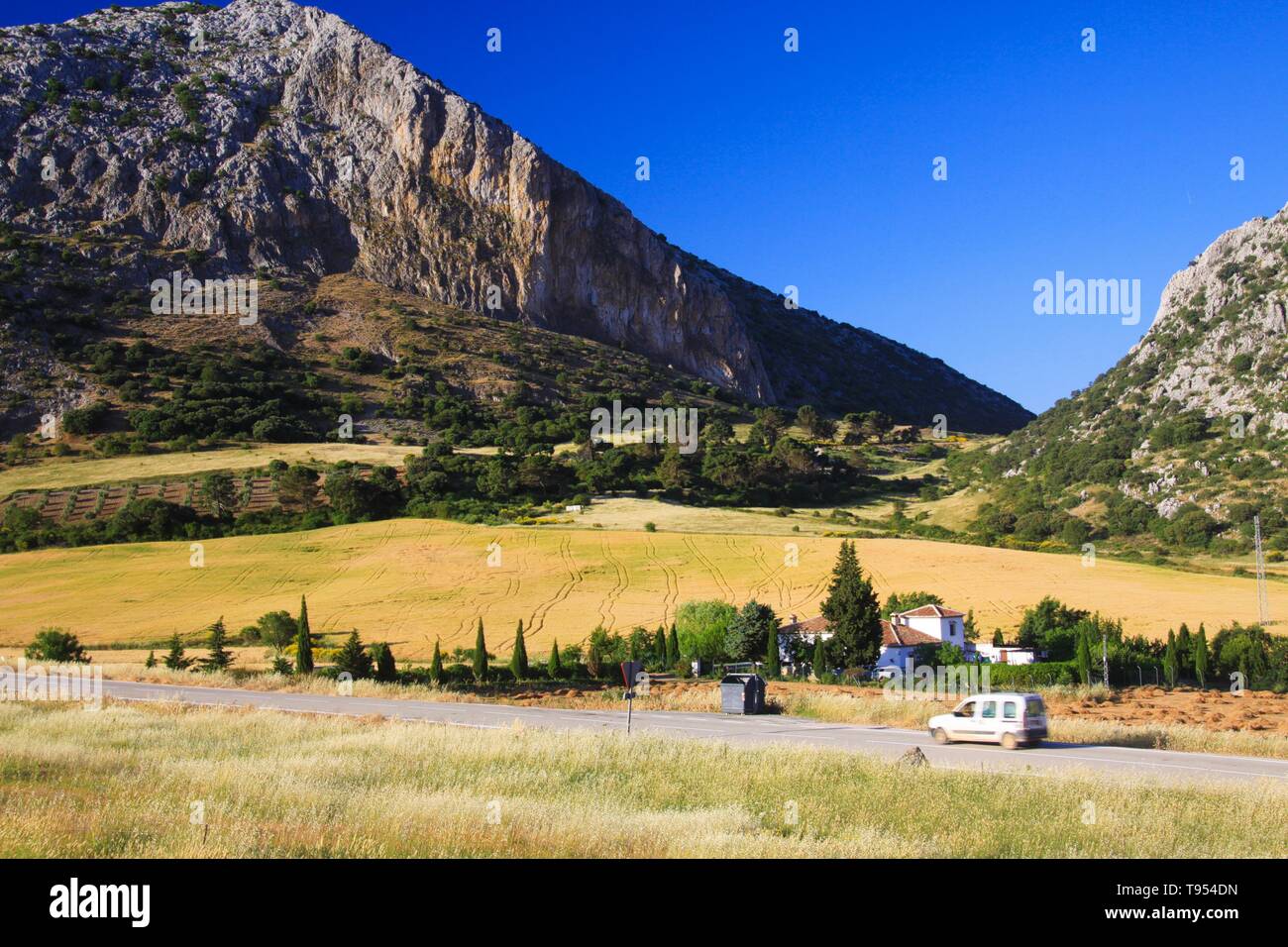 Remote Rural Valley Remote rural valley with crop field and mountain face under blue sky ...