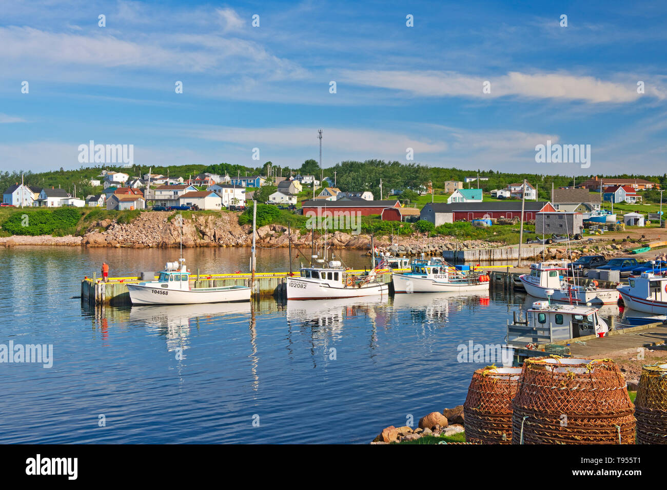 Fishing boats in coastal village, Cabot Trail, Cape Breton Island, Neils Harbour, Nova Scotia, Canada Stock Photo