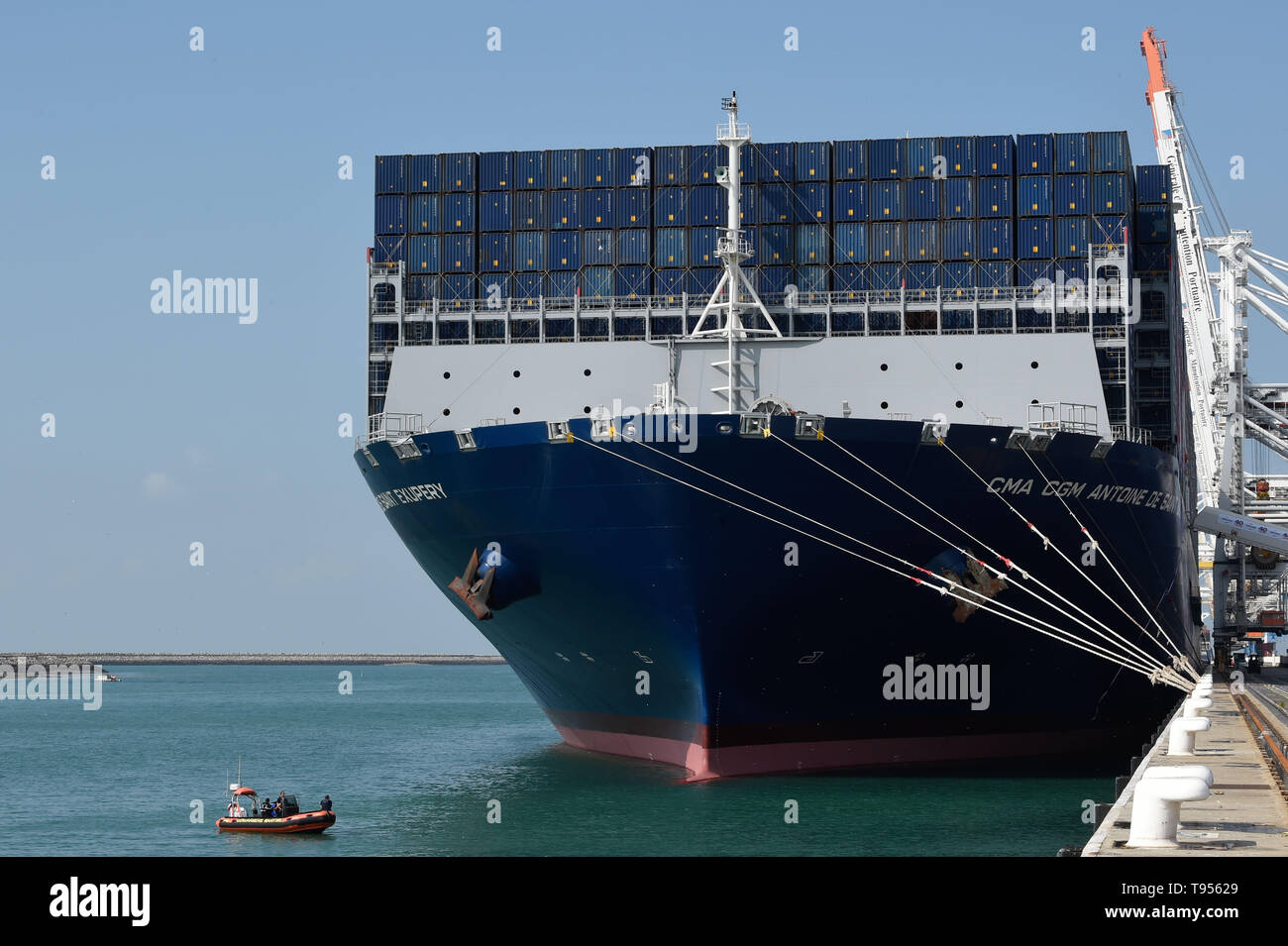 Le Havre (north-western France), on 2018/09/06: inauguration of the CMA CGM Antoine de Saint-Exupery, France’s biggest container ship. Inauguration in Stock Photo