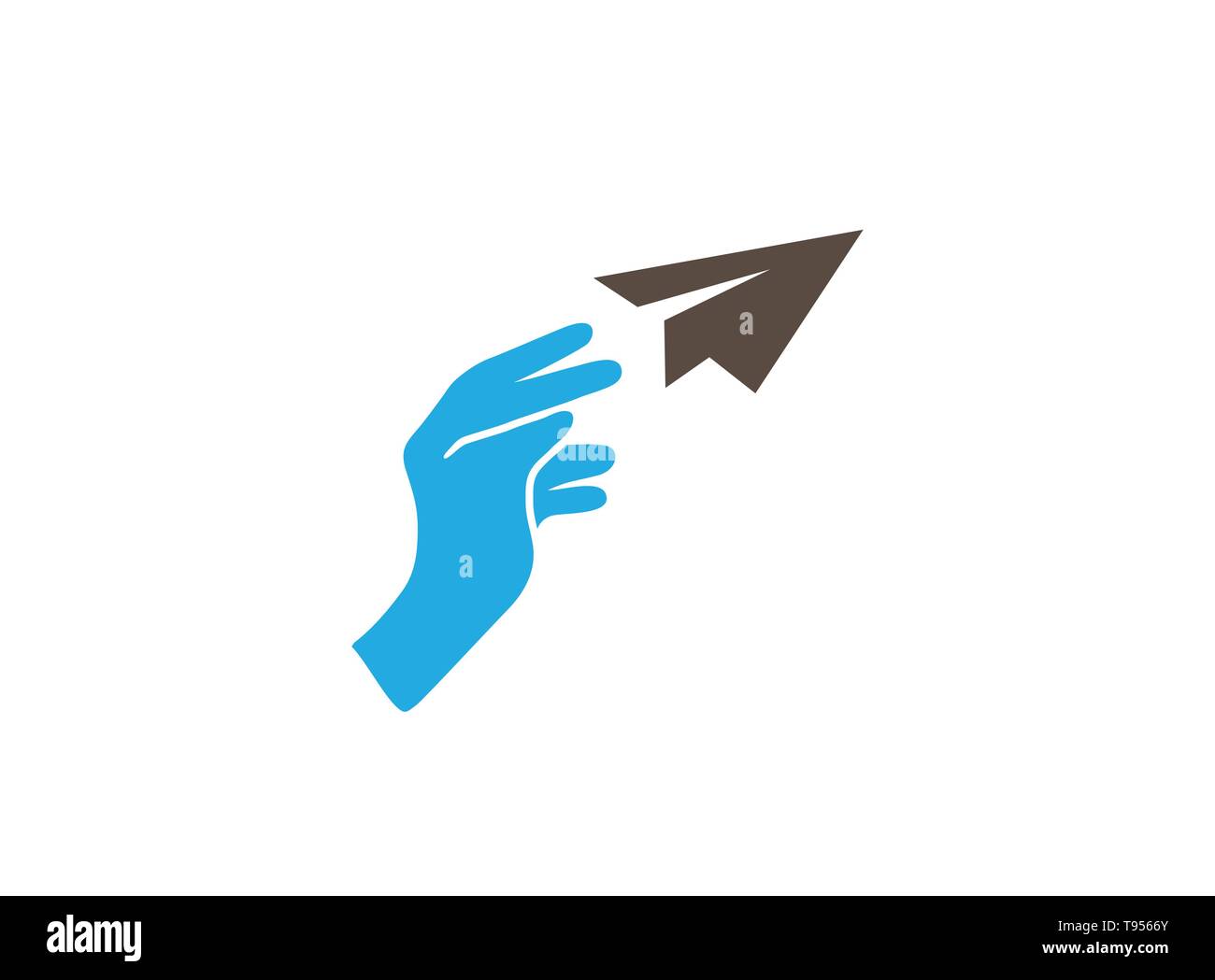 Hand throwing a paper rocket, freedom concept for logo design Stock