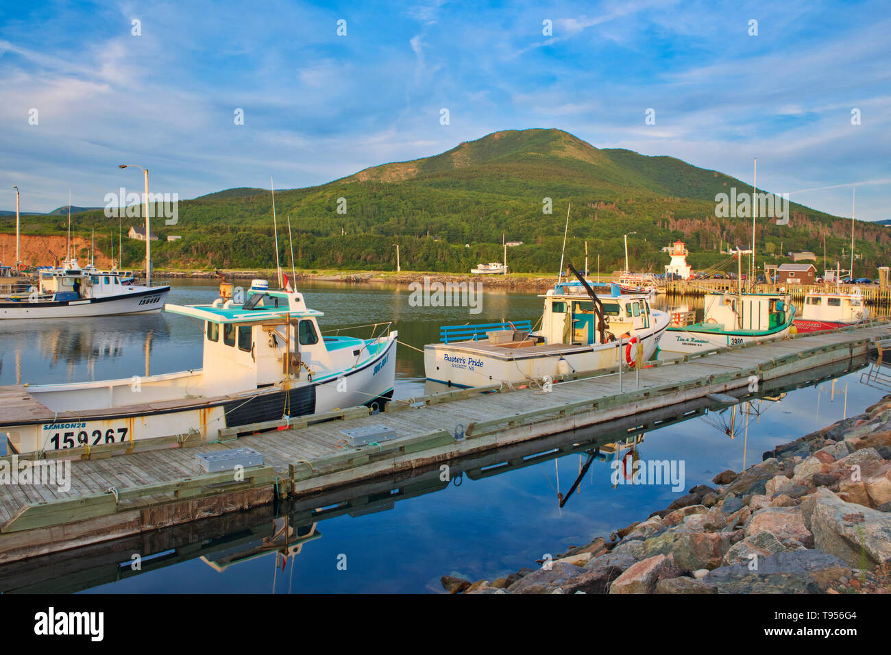 Fishing boats in coastal village. Cape Breton Island. Cabot Trail.  Pleasant Bay Nova Scotia Canada Stock Photo