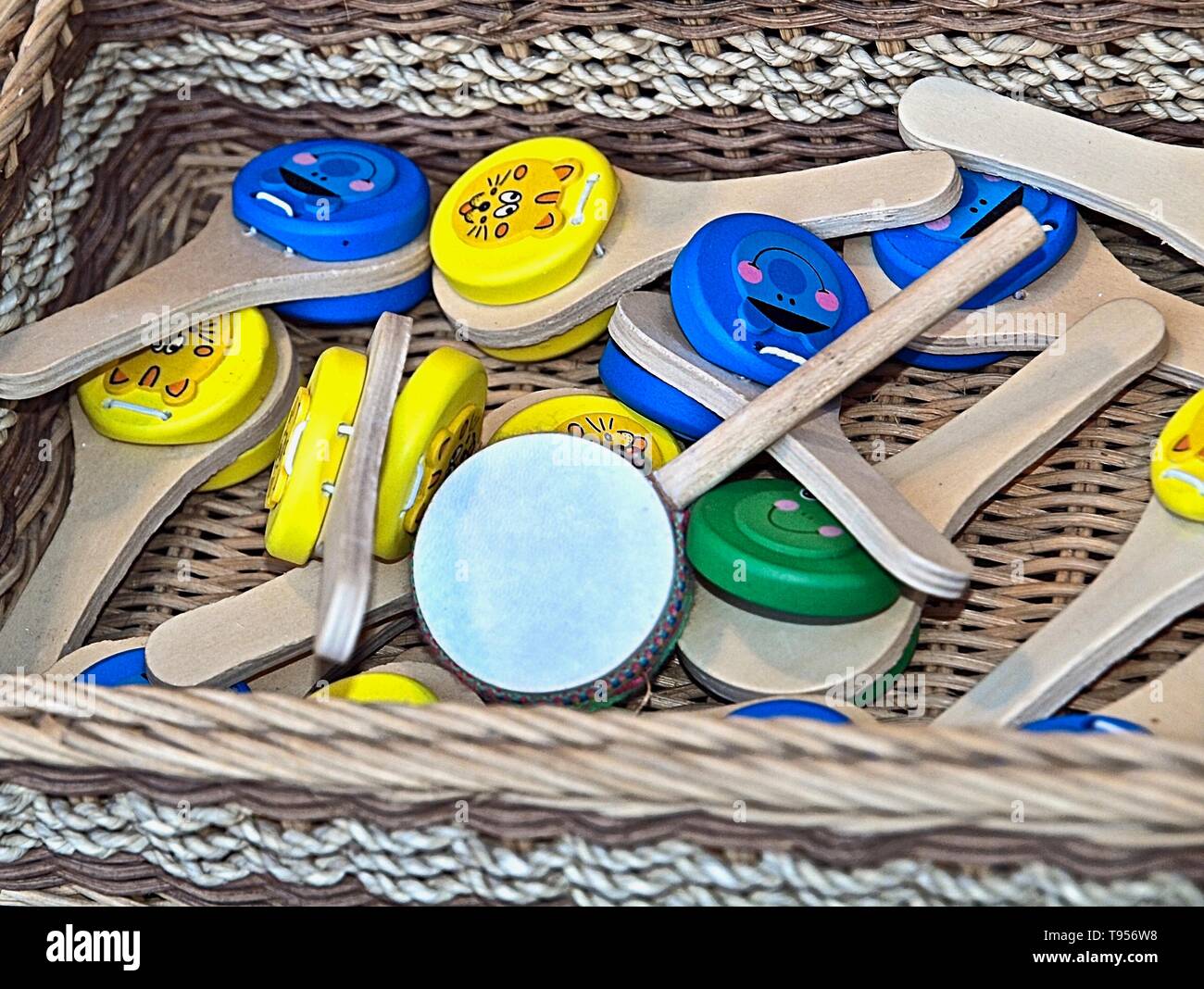 Colorful wooden music instruments for children at a market Stock Photo