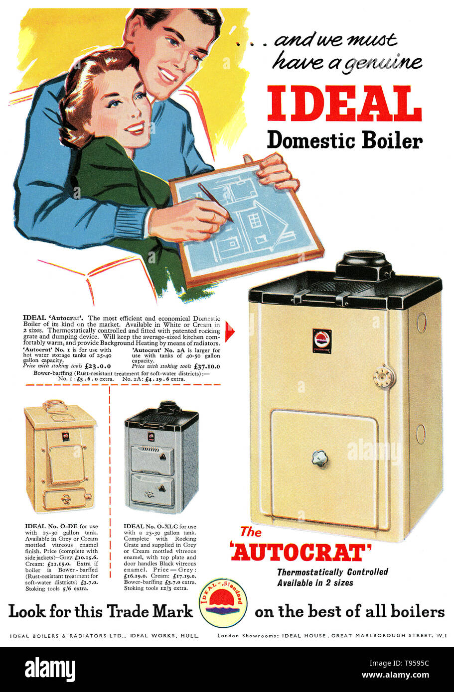 1958 British advertisement for Ideal water boilers. Stock Photo