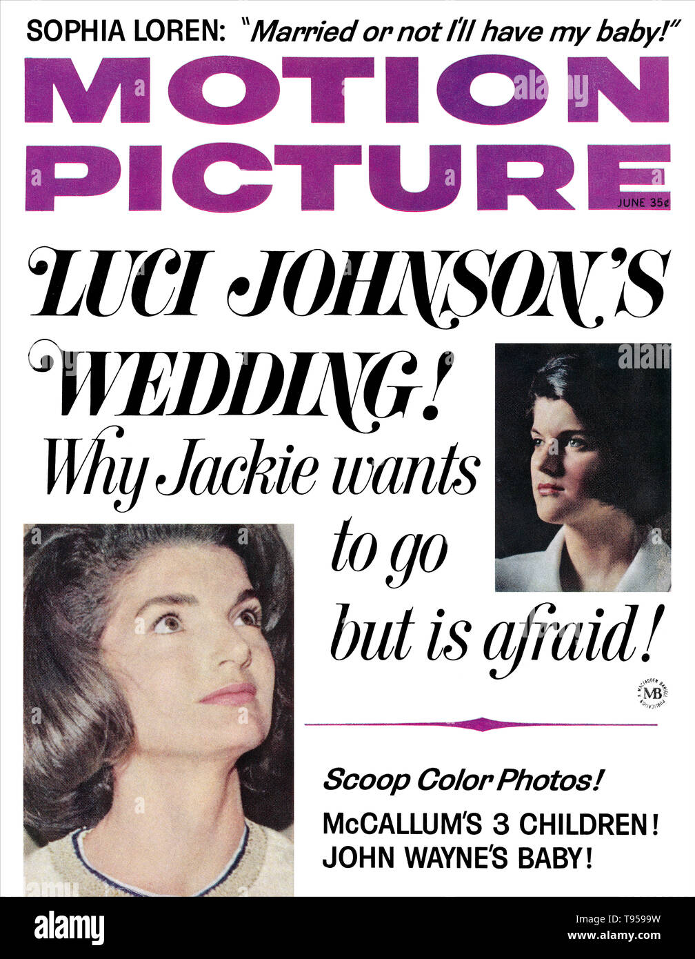 Front cover of Motion Picture magazine for June 1966, featuring Luci Johnson and Jackie Kennedy. Stock Photo