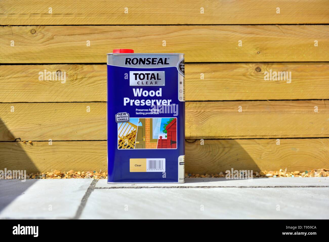 Ronseal,Total Clear,Wood Preserver, retail can,retail pack.timber background Stock Photo