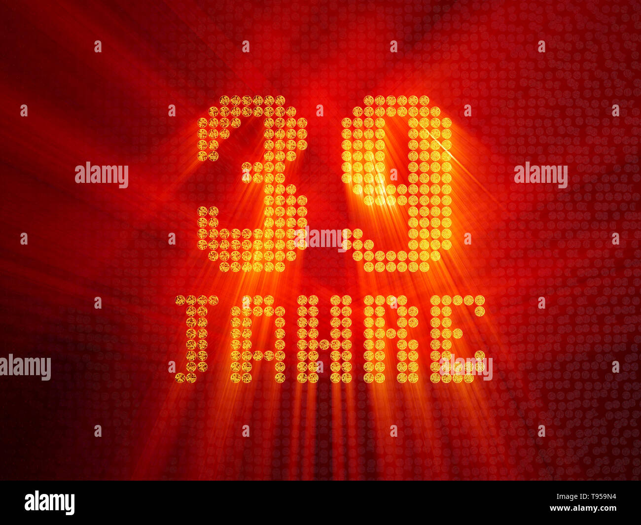 German golden number thirty-nine years (number 39 years) dotted font, top view, with light rays. 3D illustration Stock Photo