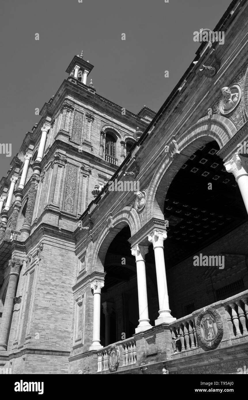 Plaza de Espana Architecture in Black and White, Seville, Spain Stock Photo