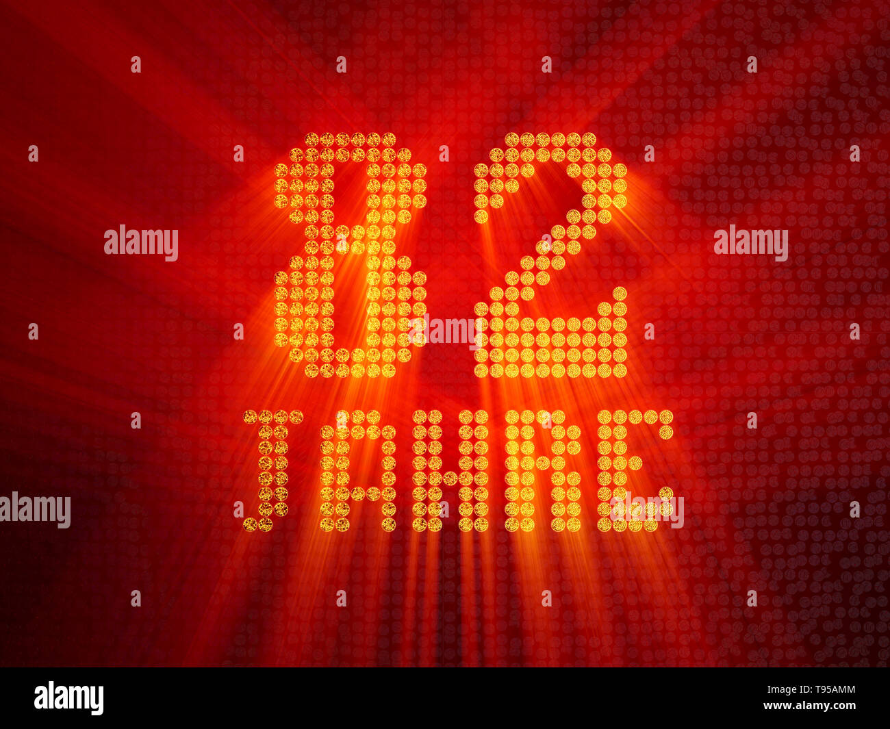 German golden number eighty-two years (number 82 years) dotted font, top view, with light rays. 3D illustration Stock Photo