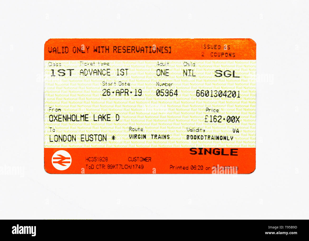 United Kingdom Train Ticket. Oxenholme Lake District to London Euston. 1st. Class. Adult. Advance 1st. Single. Virgin Trains. Price £162.00. Stock Photo