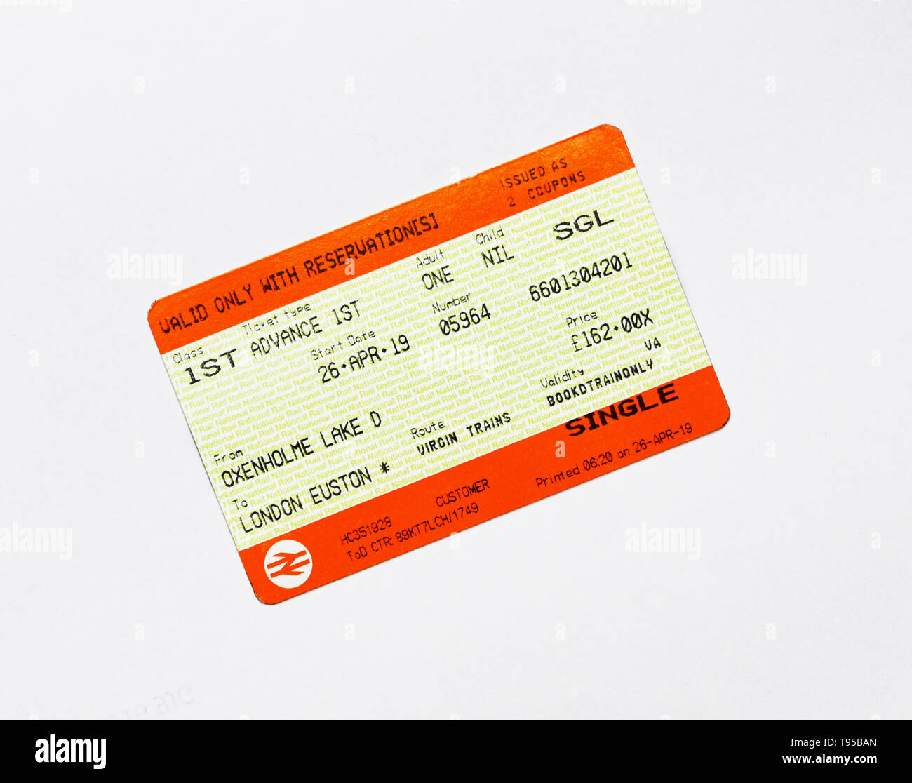 United Kingdom Train Ticket. Oxenholme Lake District to London Euston. 1st. Class. Adult. Advance 1st. Single. Virgin Trains. Price £162.00. Stock Photo