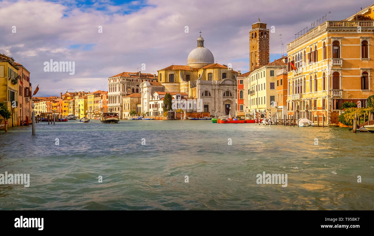 Grand Canal - Boats and Skyline in Venice, Italy Stock Photo