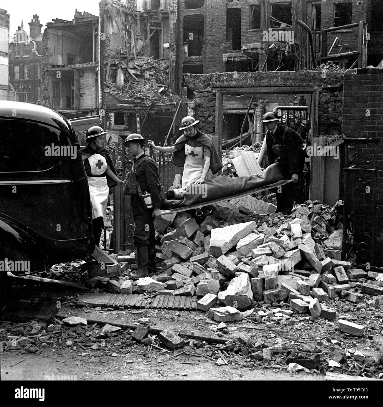 World War Two air raid casualty rescued from bombed buidling during the Blitz of Britain September 1940 Stock Photo