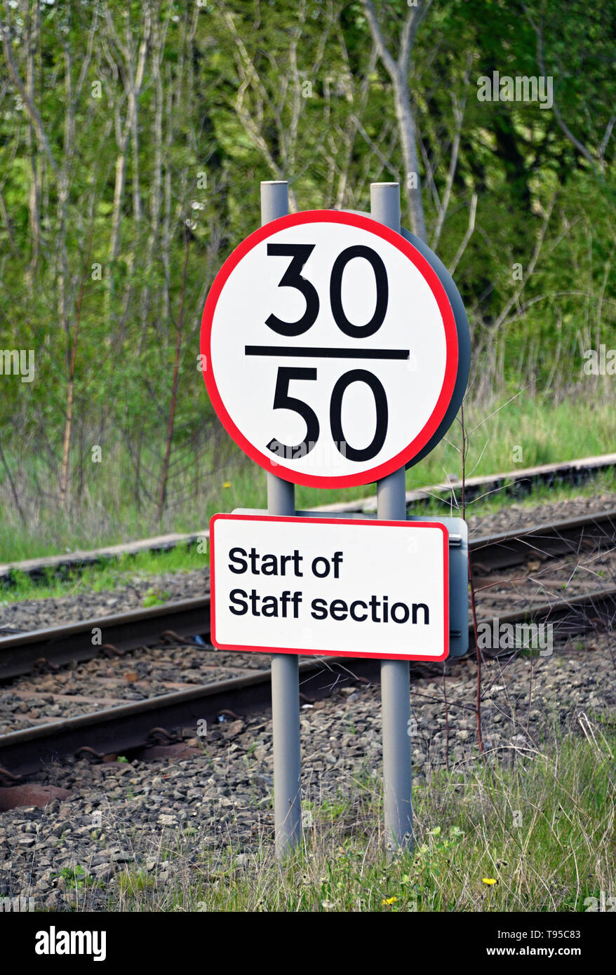 United Kingdom railway signalling. Differential permissible speed indicator. Oxenholme Station, West Coast Main Line, Cumbria, England, United Kingdom Stock Photo