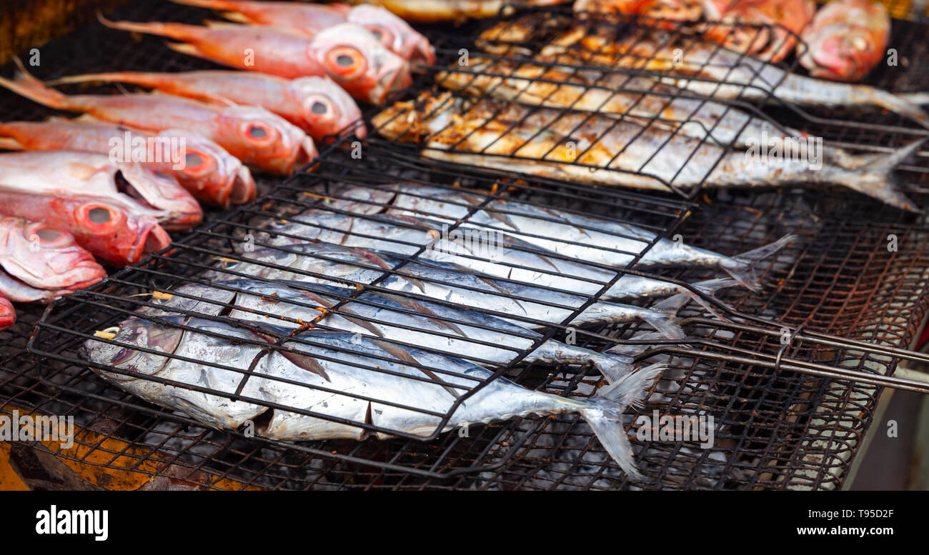 Assortment of grilled fish laying on the counter of marketplace. The main Fish market of Kota
