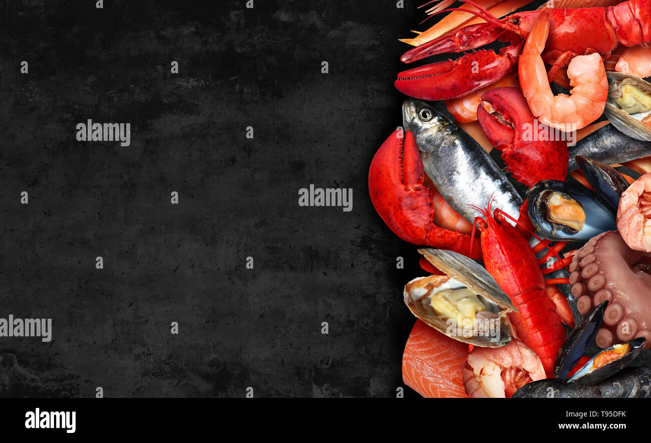 Seafood background and fresh shellfish food as lobster steamed clams mussels shrimp and crab sardines octopus as an ocean catch of the day gourmet Stock Photo