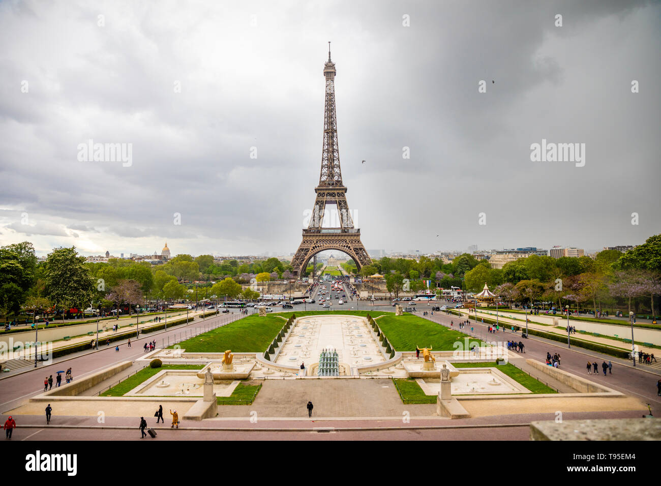 Paris, France - 24.04.2019: Aerial view of Tower Eiffel on beautiful cloudy sky in Paris, France Stock Photo
