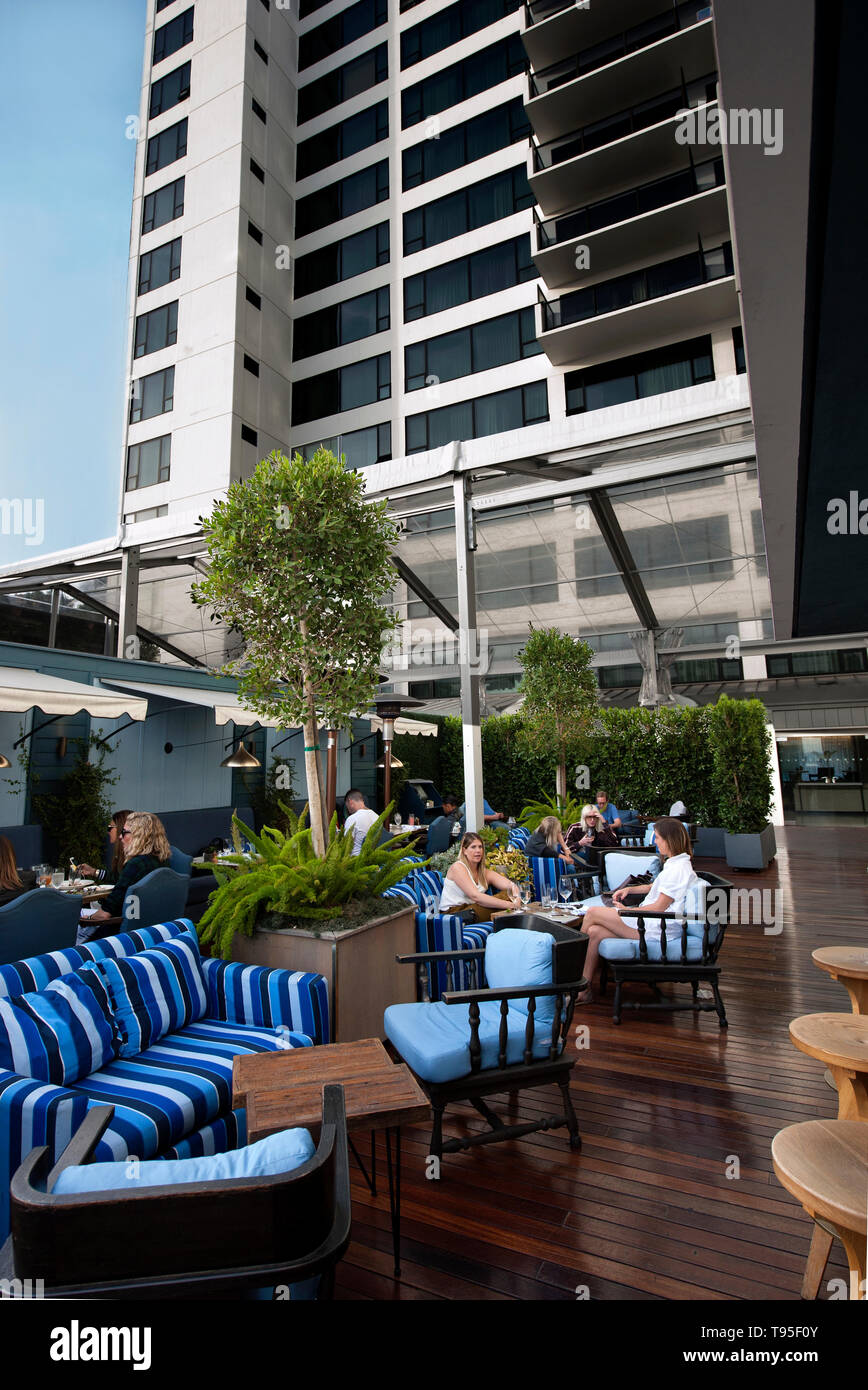 Outdoor patio lounge at the Mondrian Hotel on the Sunset Strip in Los