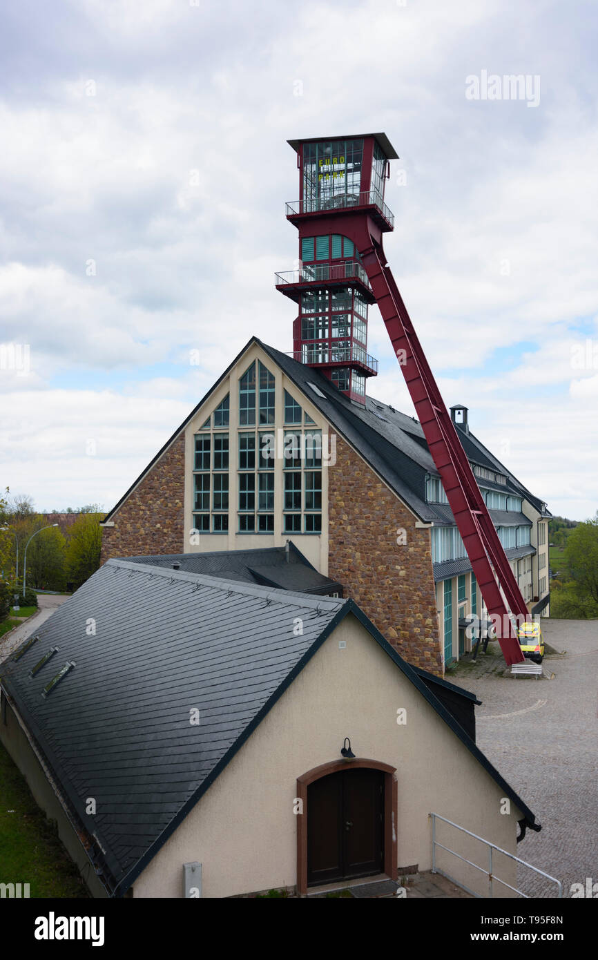 Altenberg: Europapark, shaft tower of former mine in Erzgebirge, Ore Mountains, Sachsen, Saxony, Germany Stock Photo
