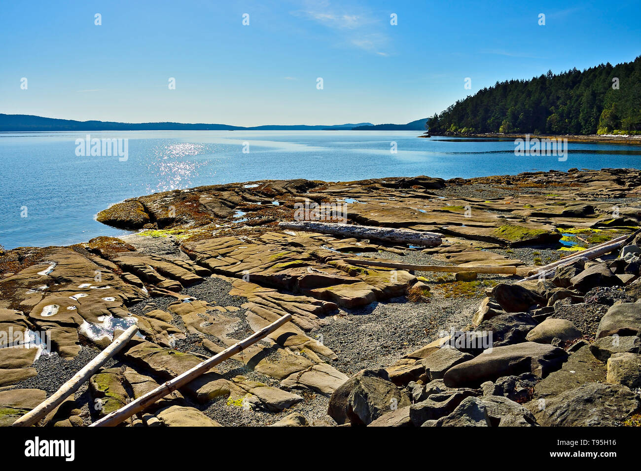 A rocky shore line on a bright sunny day on Vancouver Island British Columbia Canada Stock Photo