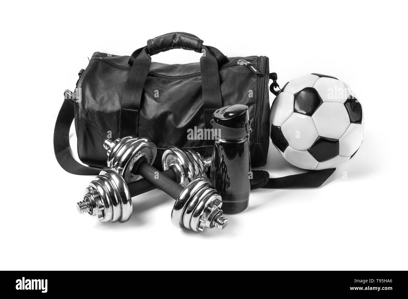 Sports bag with sports equipment isolated on white background Stock ...