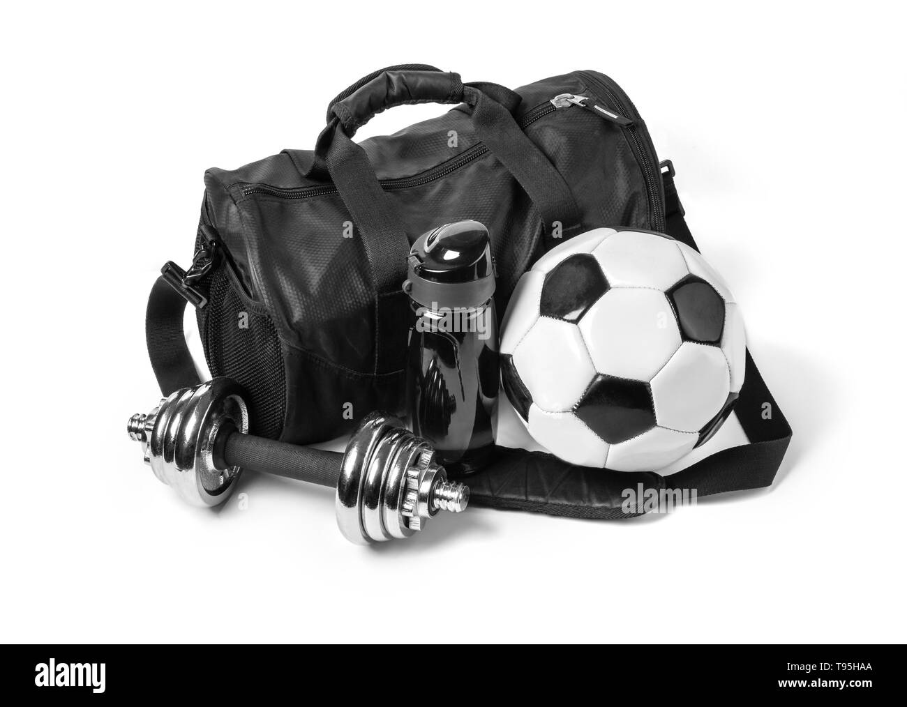Sports bag with sports equipment isolated on white background Stock