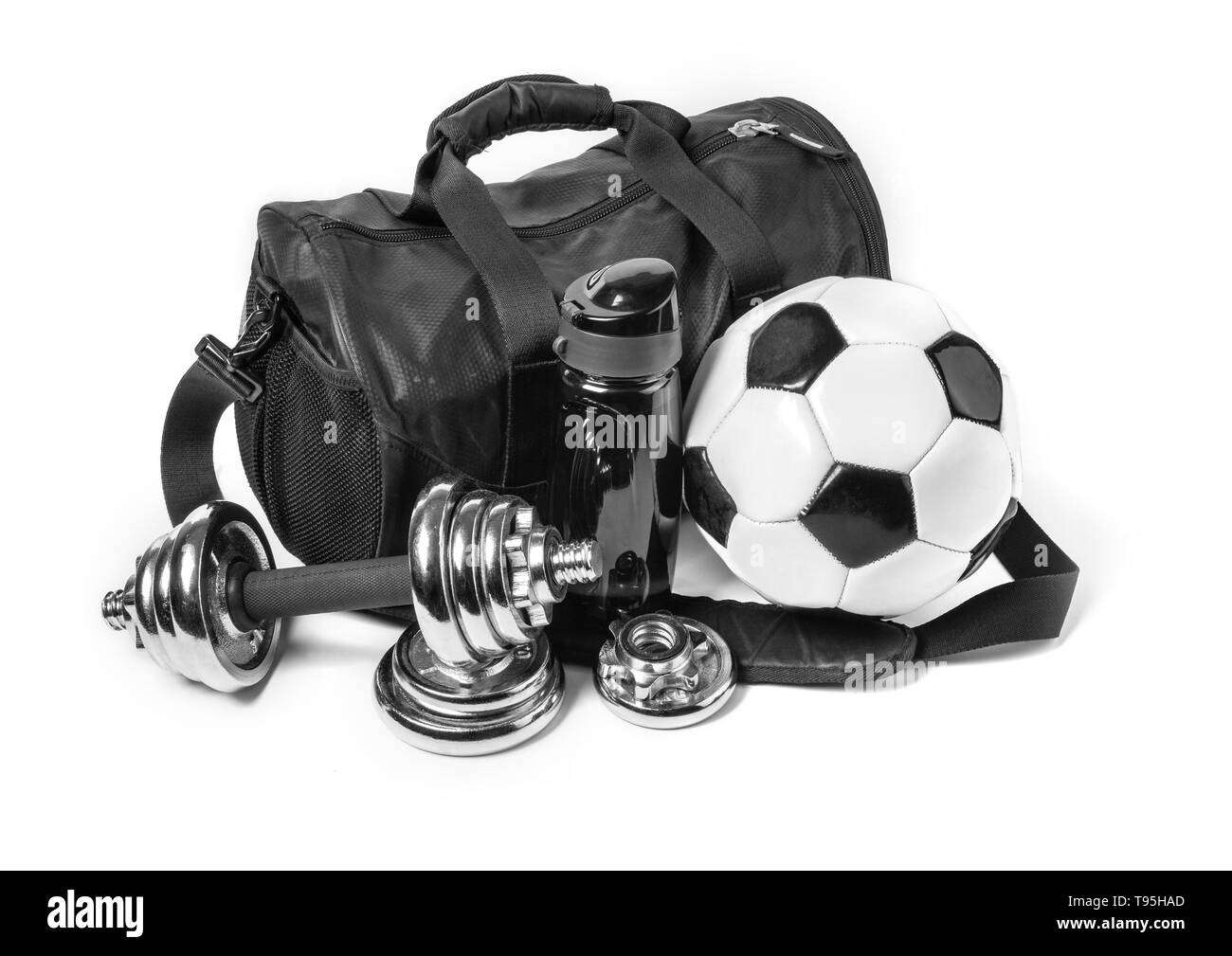Sports bag with sports equipment isolated on white background Stock ...